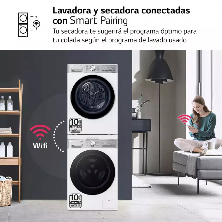 LG Torre de Lavado, Blanca, Lavadora inteligente 13kg, 1400rpm, Un 10% mas eficiente que A + Secadora 10kg, A+++\tT, TORRE1310KG.SET.EEES.C